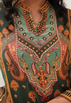 Digital Printed Crepe A Line Kurta Set in Dark Olive Green