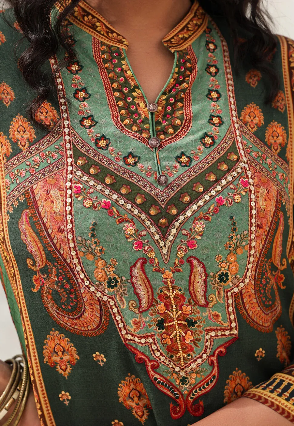 Digital Printed Crepe A Line Kurta Set in Dark Olive Green