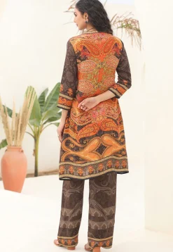 Digital Printed Crepe A Line Kurta Set in Brown