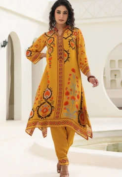 Digital Printed Crepe A Line Kurta Set in Mustard