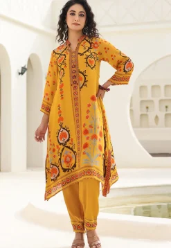 Digital Printed Crepe A Line Kurta Set in Mustard