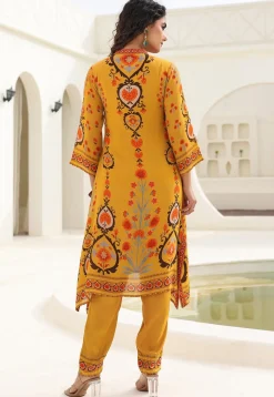 Digital Printed Crepe A Line Kurta Set in Mustard