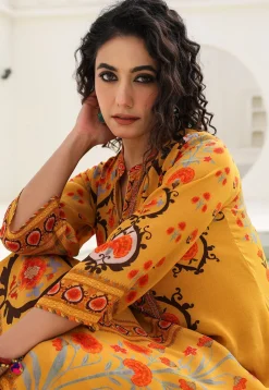 Digital Printed Crepe A Line Kurta Set in Mustard