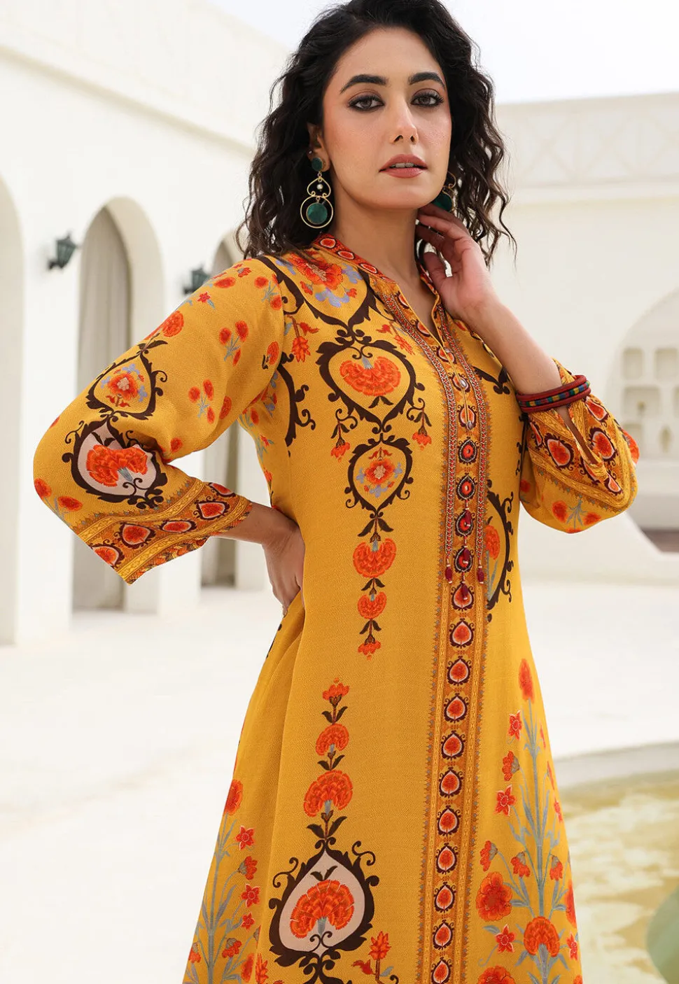 Digital Printed Crepe A Line Kurta Set in Mustard