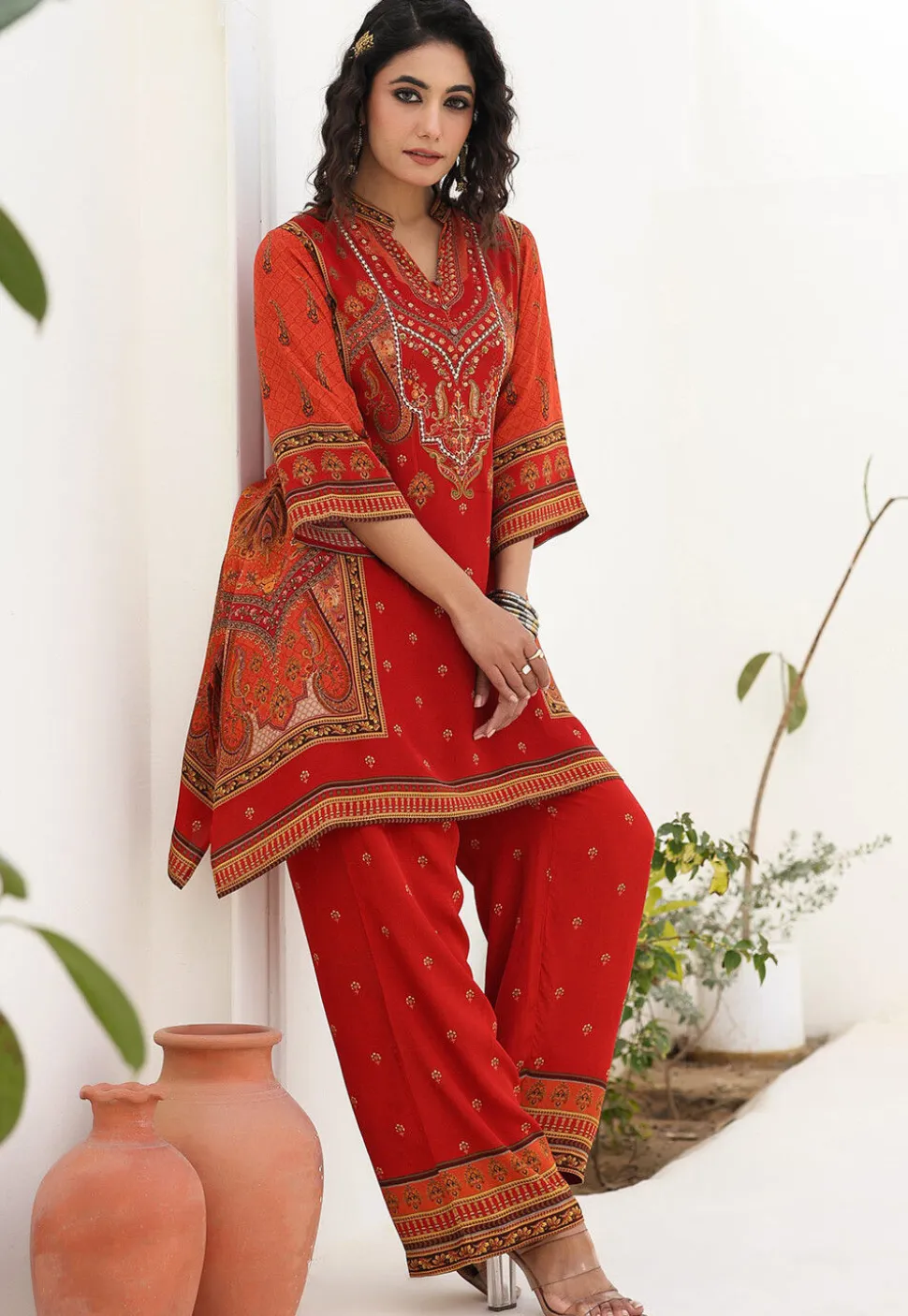 Digital Printed Crepe A Line Kurta Set in Red