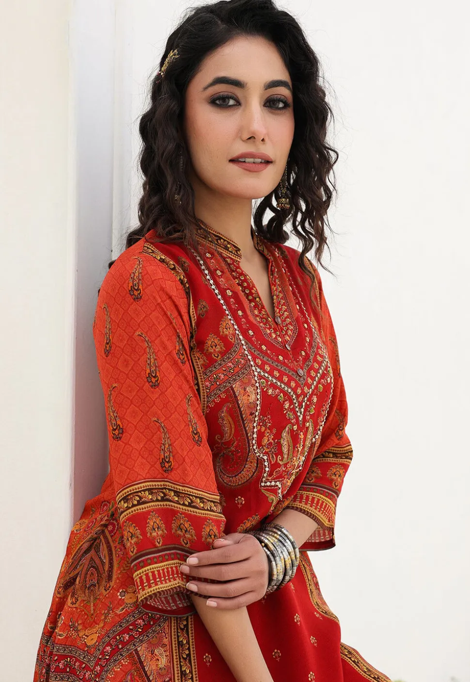Digital Printed Crepe A Line Kurta Set in Red