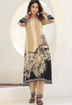 Digital Printed Crepe A Line Kurta Set in Light Beige