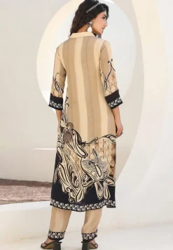 Digital Printed Crepe A Line Kurta Set in Light Beige