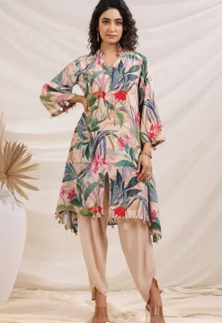 Digital Printed Crepe A Line Kurta Set in Light Fawn