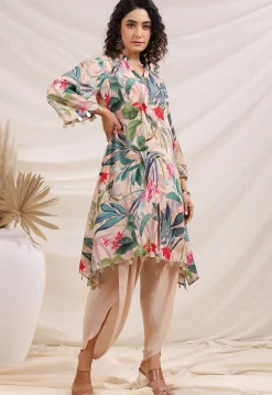 Digital Printed Crepe A Line Kurta Set in Light Fawn