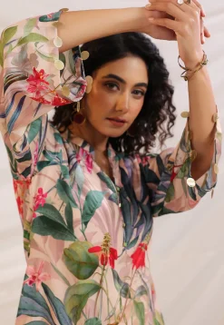 Digital Printed Crepe A Line Kurta Set in Light Fawn