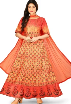 Digital Printed Crepe Abaya Style Suit in Orange