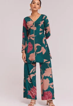 Digital Printed Crepe Co Ord Set in Teal Blue