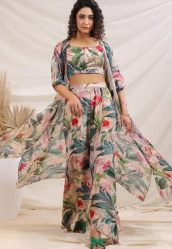 Digital Printed Crepe Crop Top Set in Multicolor