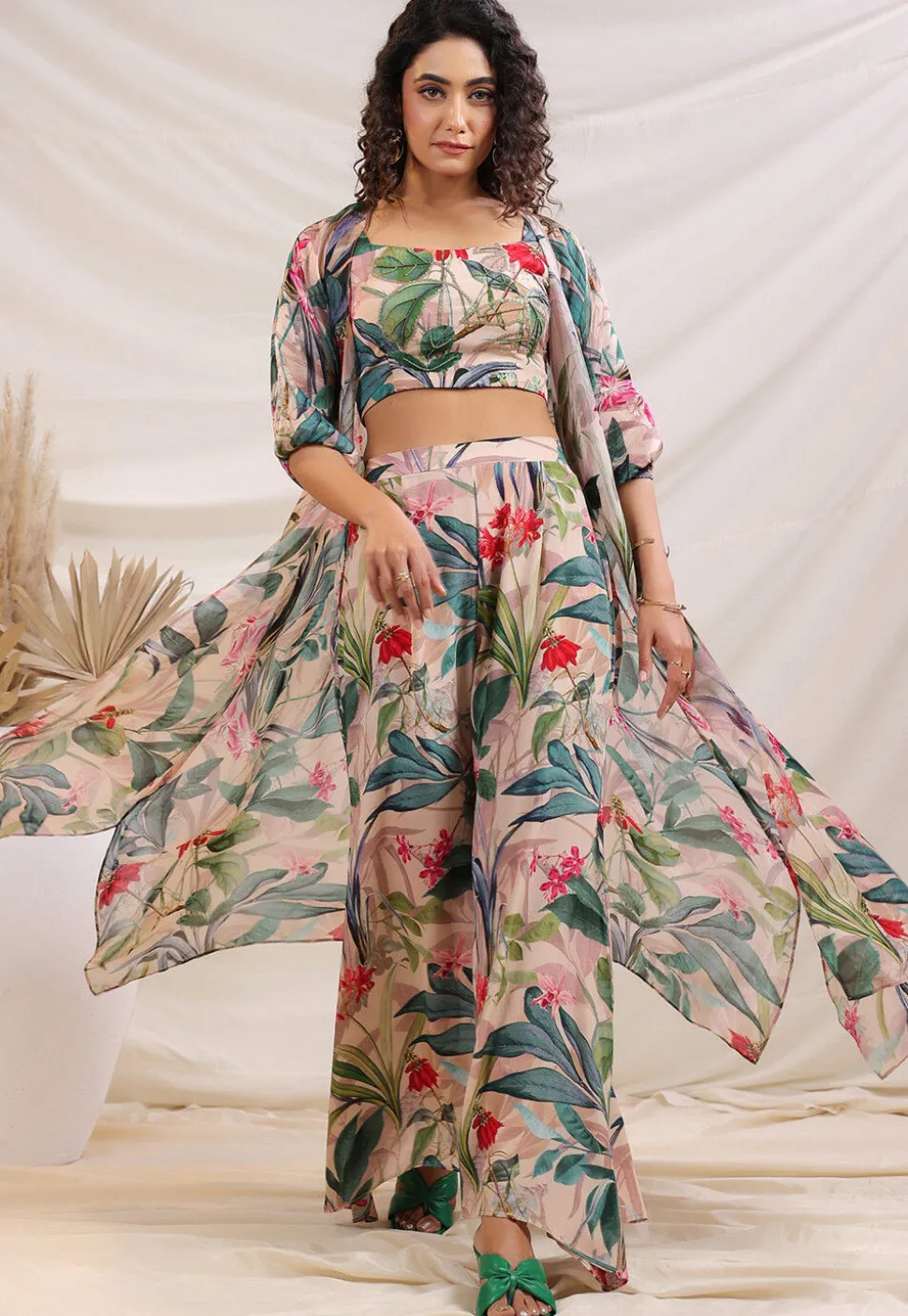 Digital Printed Crepe Crop Top Set in Multicolor