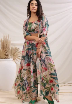 Digital Printed Crepe Crop Top Set in Multicolor