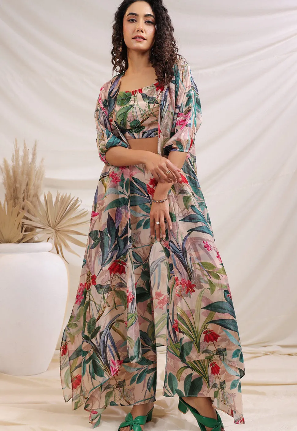 Digital Printed Crepe Crop Top Set in Multicolor