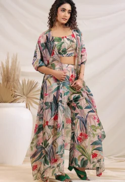 Digital Printed Crepe Crop Top Set in Multicolor