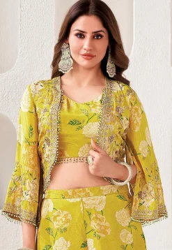 Digital Printed Crepe Crop Top Set in Light Green