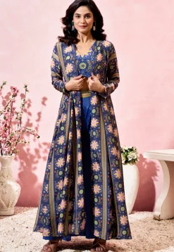 Digital Printed Crepe Crop Top Set in Dark Blue