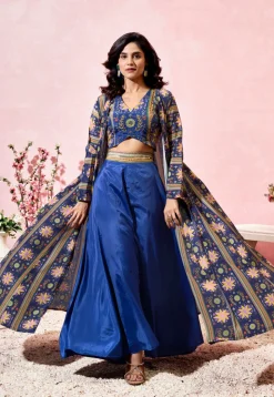 Digital Printed Crepe Crop Top Set in Dark Blue