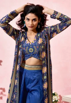 Digital Printed Crepe Crop Top Set in Dark Blue
