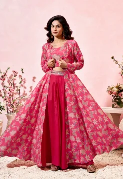Digital Printed Crepe Crop Top Set in Fuchsia