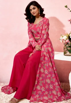 Digital Printed Crepe Crop Top Set in Fuchsia