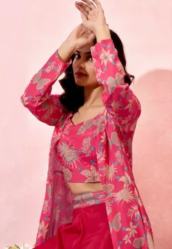 Digital Printed Crepe Crop Top Set in Fuchsia