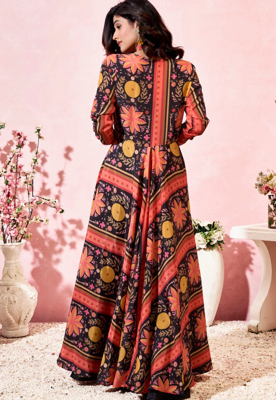 Digital Printed Crepe Crop Top Set in Black
