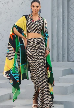 Digital Printed Crepe Crop Top Set in Cream and Black