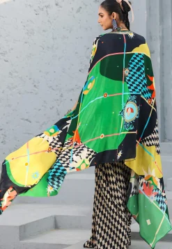 Digital Printed Crepe Crop Top Set in Cream and Black