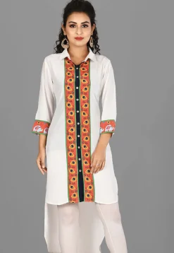 Digital Printed Crepe High Low Kurta in White