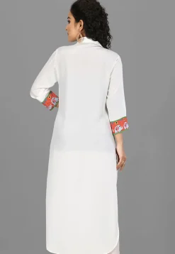 Digital Printed Crepe High Low Kurta in White