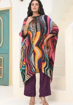 Digital Printed Crepe Kaftan Style Kurta Set in Multicolor