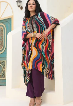 Digital Printed Crepe Kaftan Style Kurta Set in Multicolor