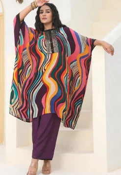 Digital Printed Crepe Kaftan Style Kurta Set in Multicolor