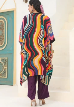 Digital Printed Crepe Kaftan Style Kurta Set in Multicolor