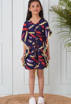 Digital Printed Crepe Kaftan Dress in Navy Blue