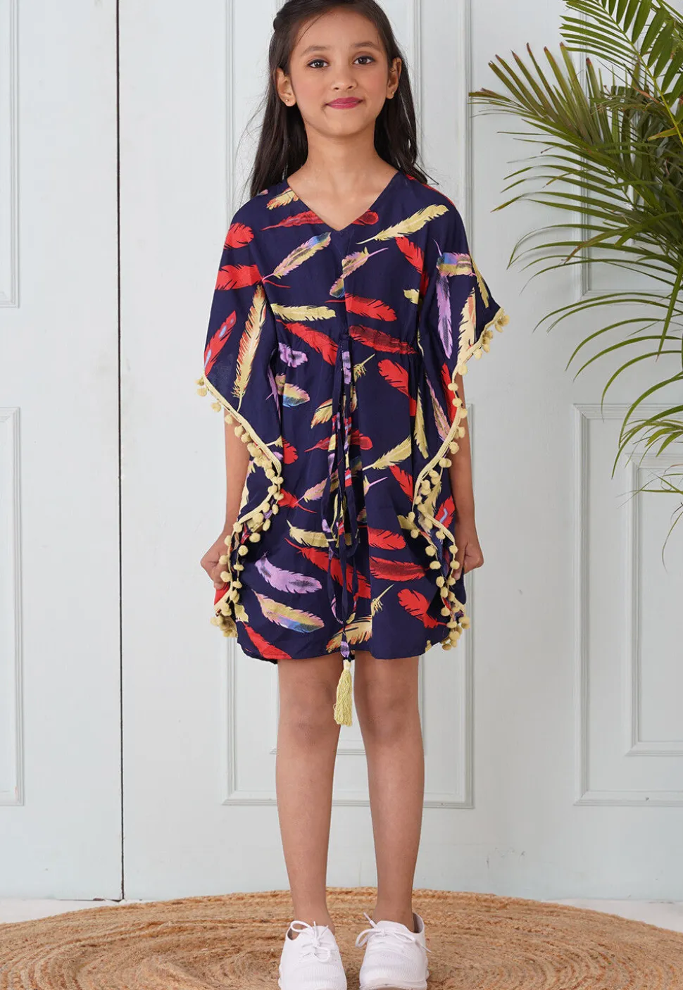Digital Printed Crepe Kaftan Dress in Navy Blue