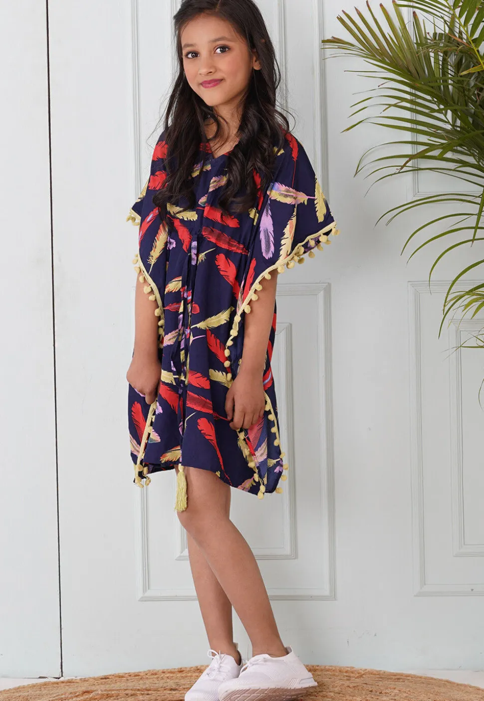 Digital Printed Crepe Kaftan Dress in Navy Blue