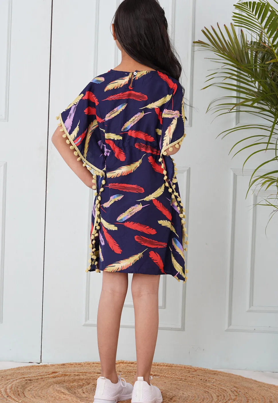 Digital Printed Crepe Kaftan Dress in Navy Blue