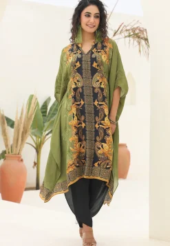 Digital Printed Crepe Kaftan Style Kurta Set in Green