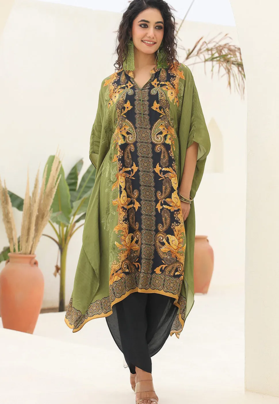 Digital Printed Crepe Kaftan Style Kurta Set in Green