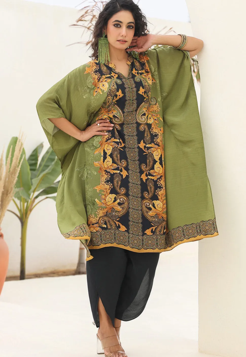 Digital Printed Crepe Kaftan Style Kurta Set in Green