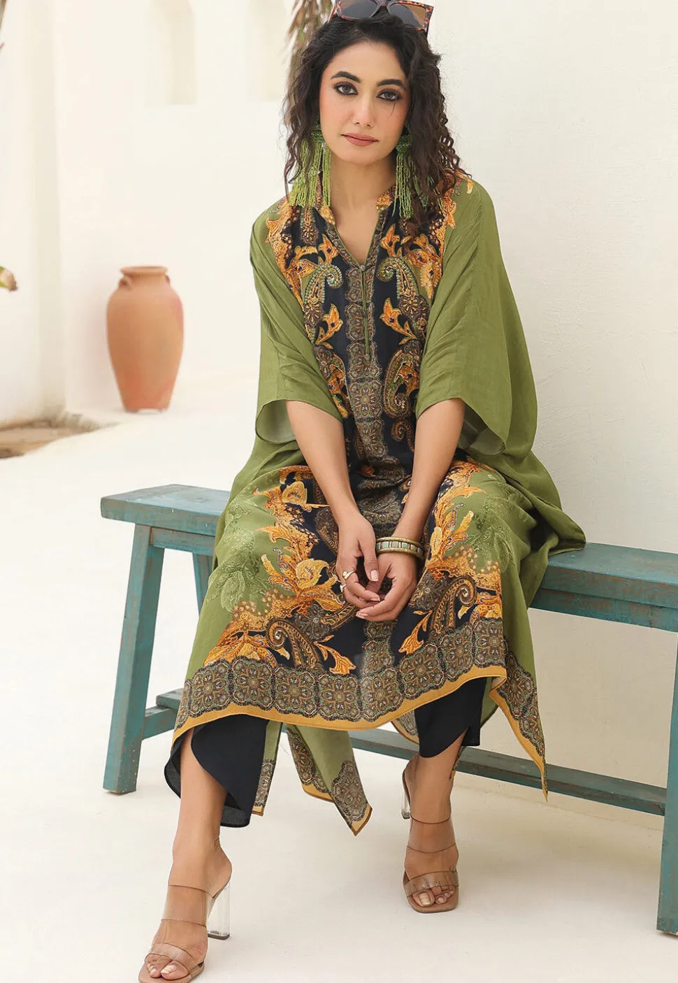Digital Printed Crepe Kaftan Style Kurta Set in Green
