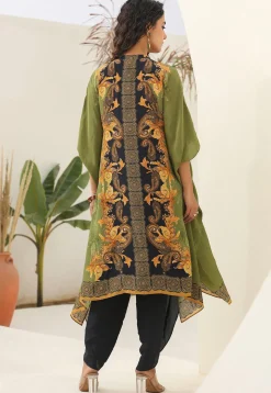 Digital Printed Crepe Kaftan Style Kurta Set in Green