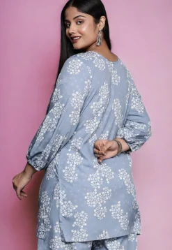 Digital Printed Crepe Kurti in Dusty Blue