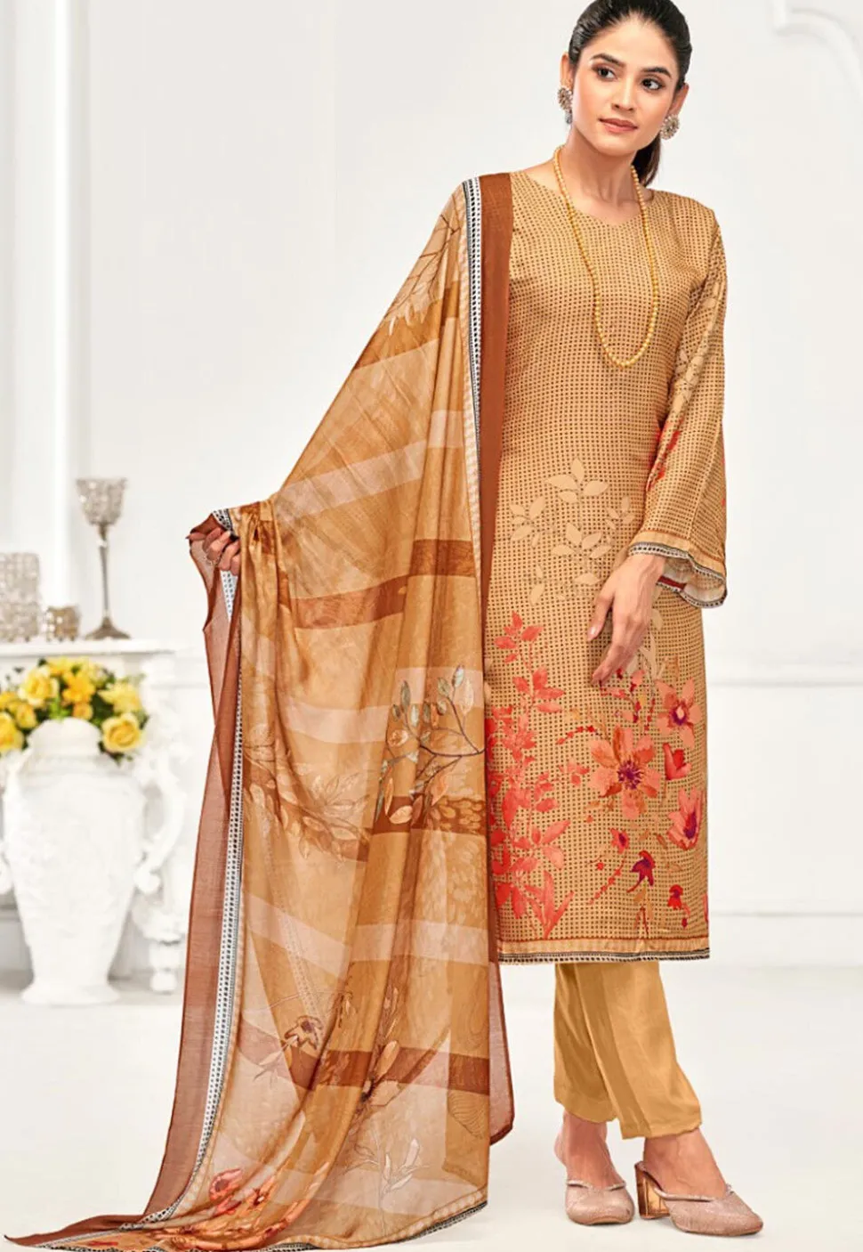 Digital Printed Crepe Pakistani Suit in Beige