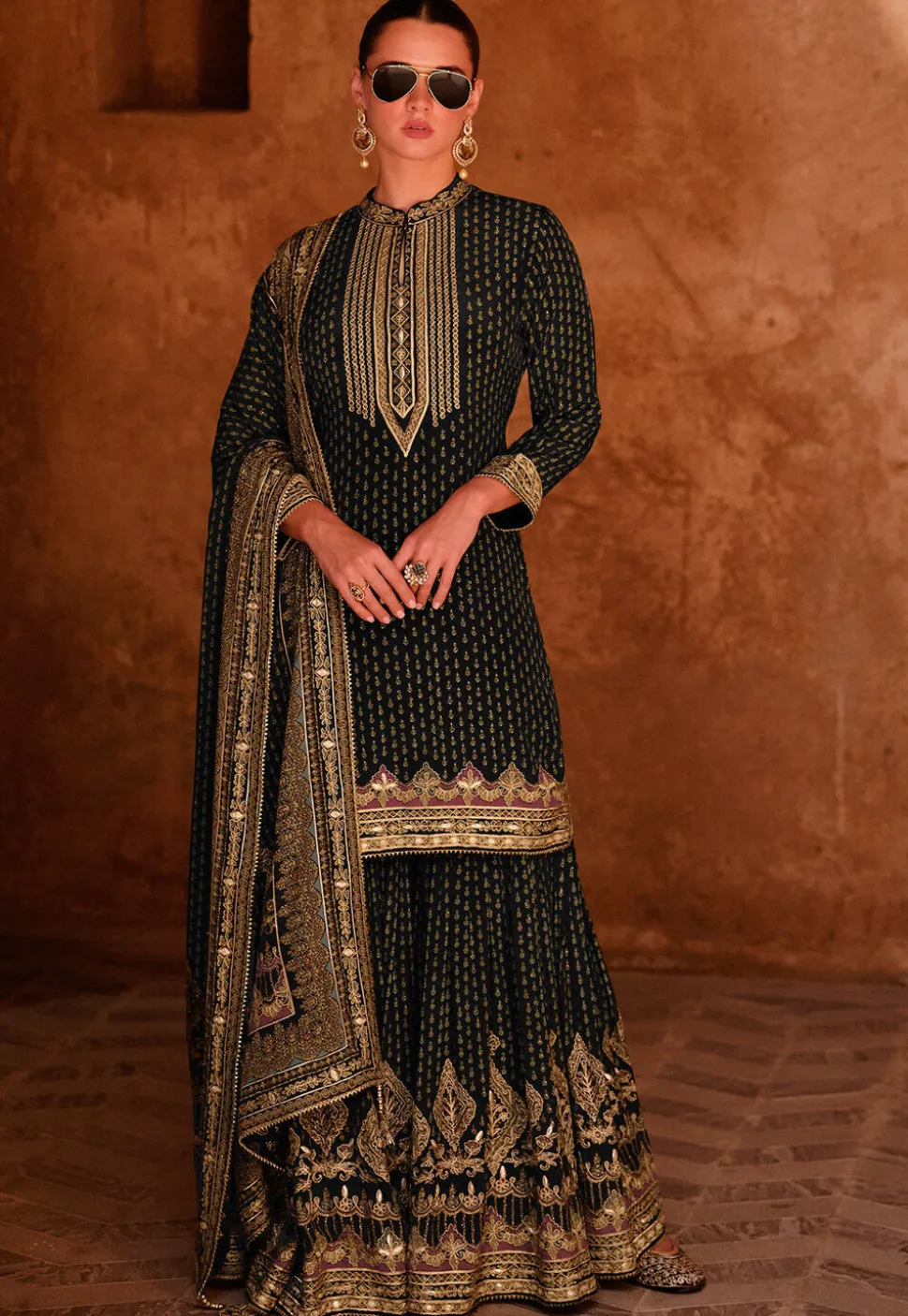 Digital Printed Crepe Pakistani Suit in Black